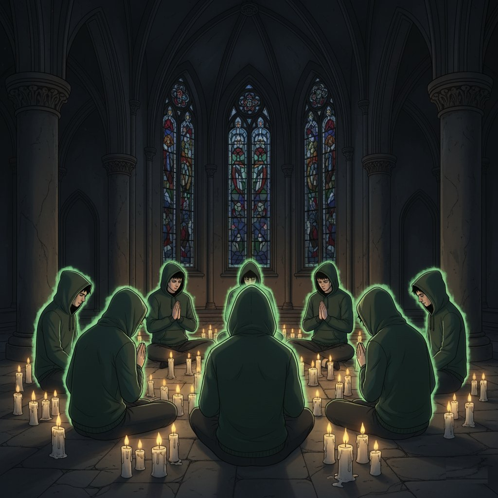 Hooded figures kneeling among candles in a dark church